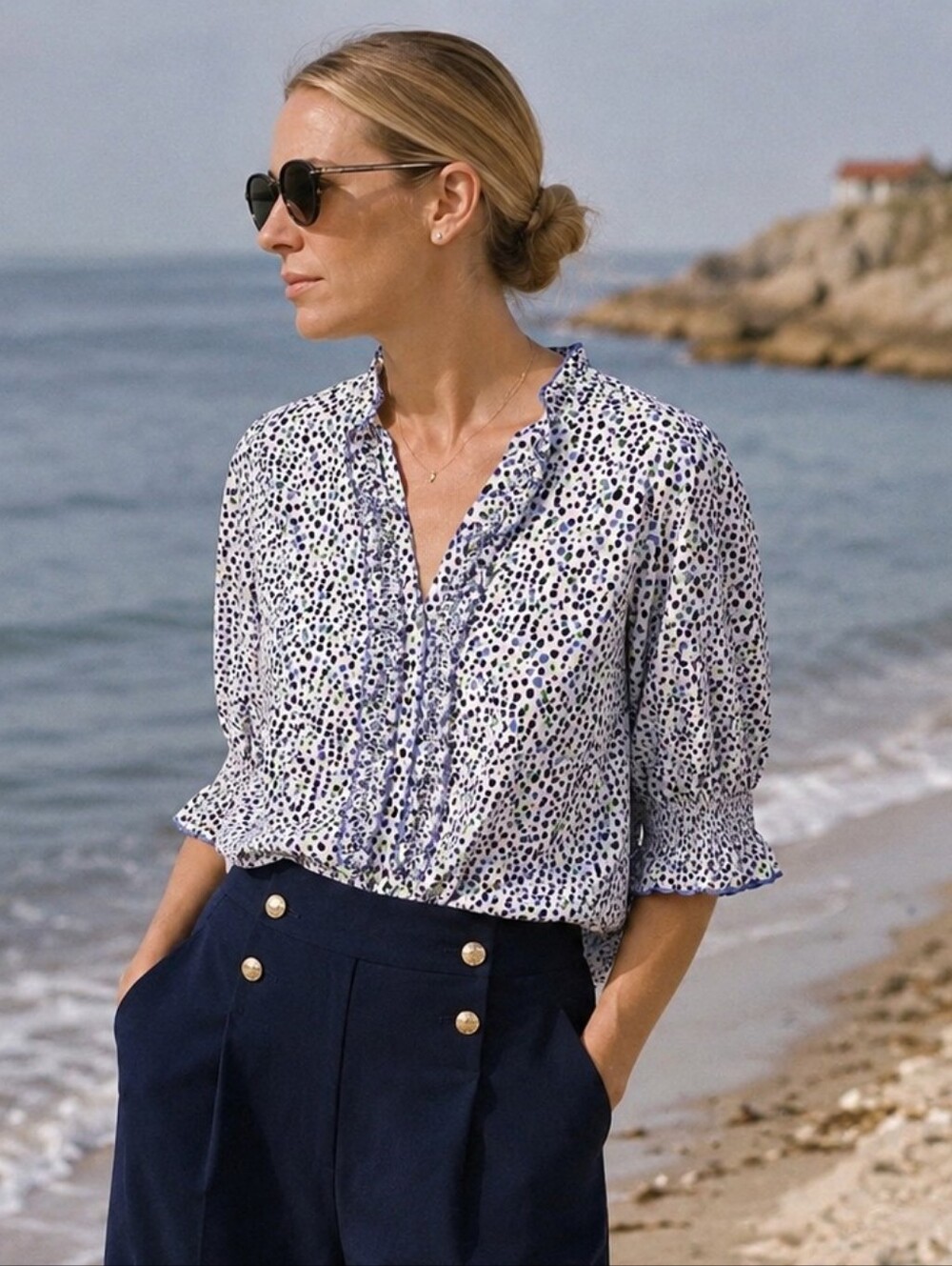 Talbots XL 100% Cotton Ruffle Popover Blouse Blue Green Polka Dot